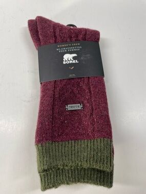 Sorel Women Crew Socks  Size 4-10 Burgundy with Olive Cuff